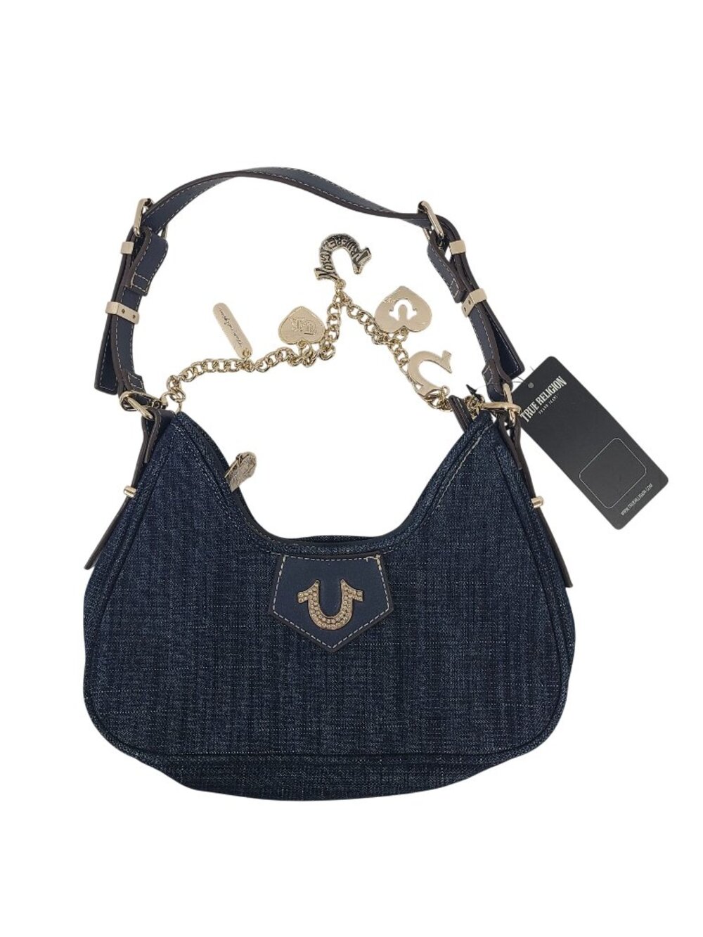 NEW True Religion Womens Denim Shoulder Bag With Gold Chain & Charms